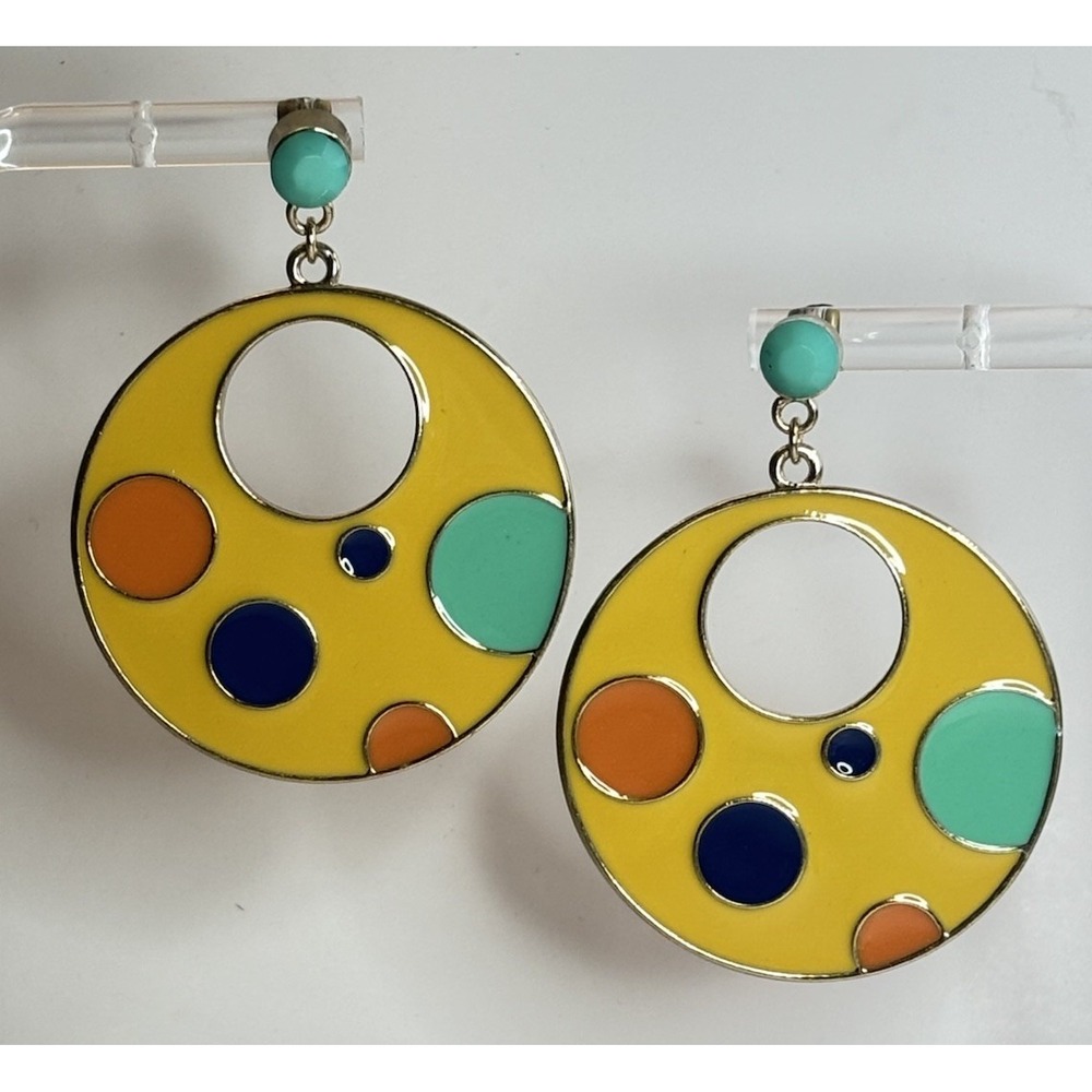 Vintage Enamel Circle Drop Earrings 2.5" Mod Geometric Pierced